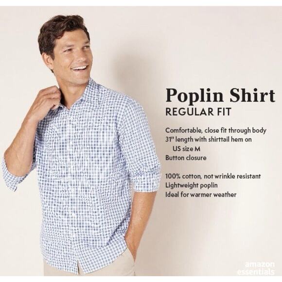 Amazon Essentials Men's Regular-Fit Long-Sleeve Casual Poplin Shirt Amazon's‎ - Picture 2 of 8